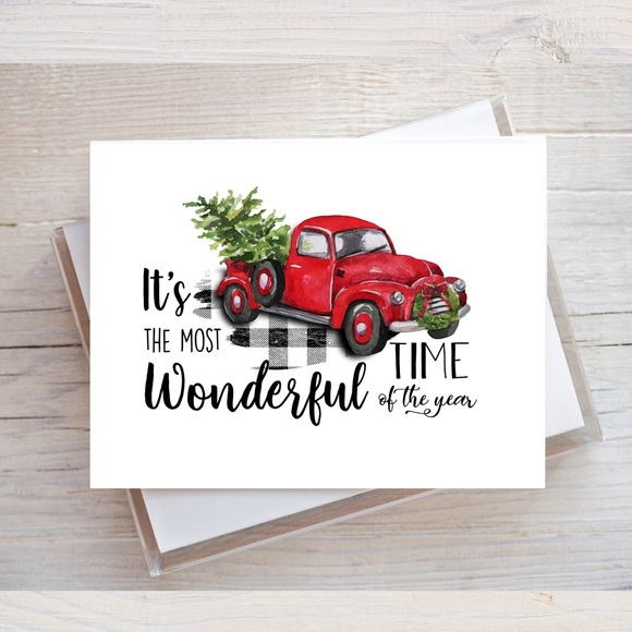 Red Truck Holiday Cards | Farmhouse Christmas Card Set | Christmas Notecard Set - Picture 3 of 7